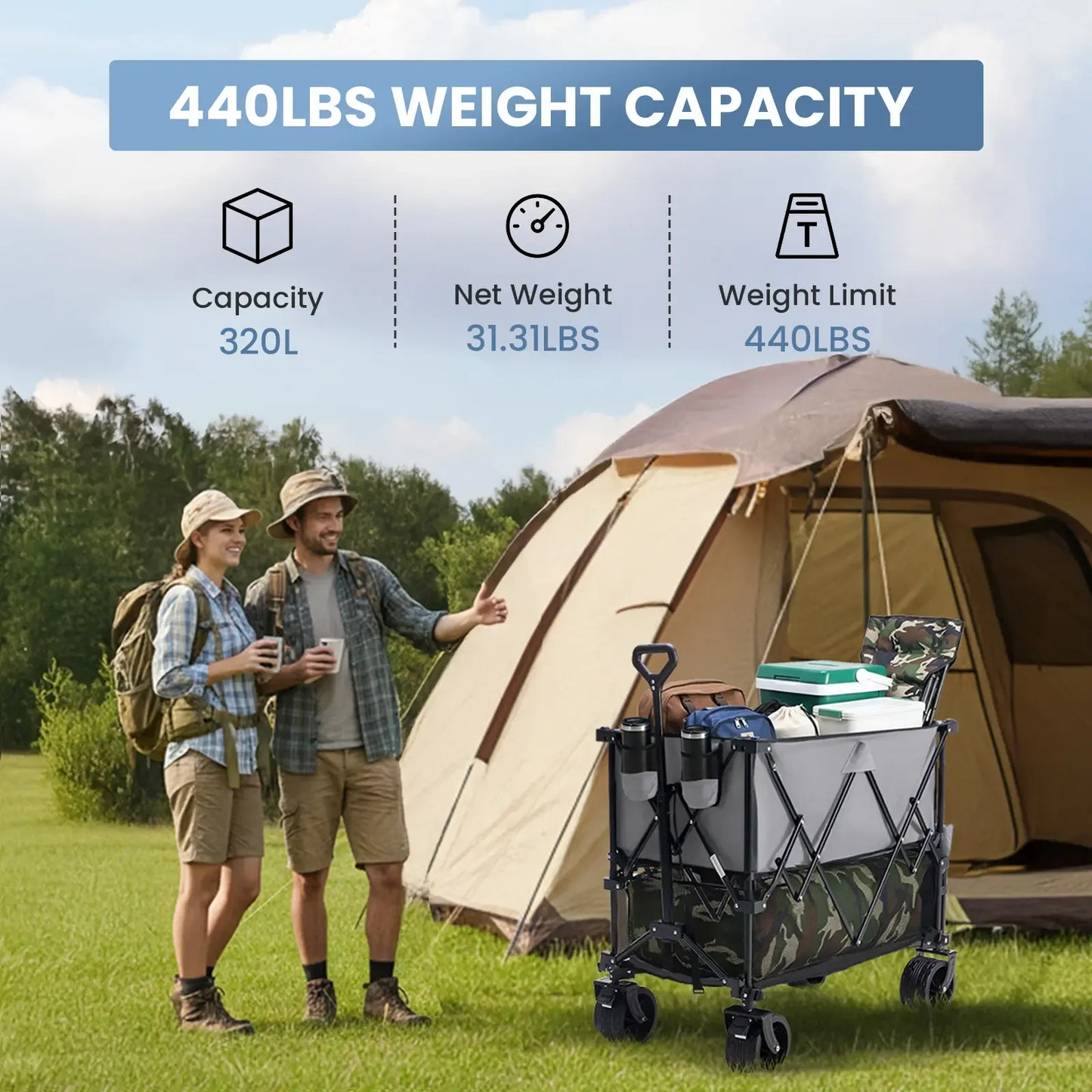 320L Heavy-Duty Collapsible Double-Decker Wagon with Brakes, 440 lb Capacity & All-Terrain Wheels