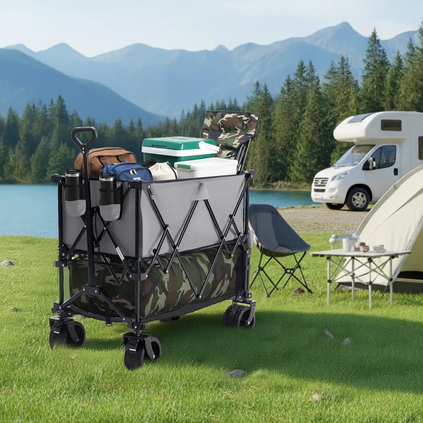 320L Heavy-Duty Collapsible Double-Decker Wagon with Brakes, 440 lb Capacity & All-Terrain Wheels
