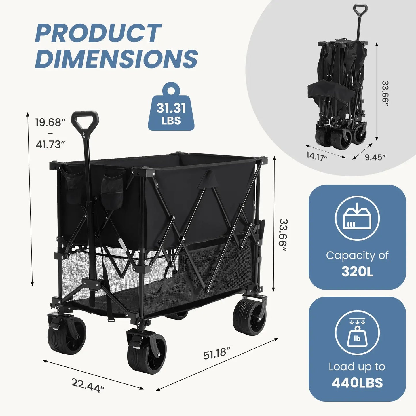 320L Heavy-Duty Collapsible Double-Decker Wagon with Brakes, 440 lb Capacity & All-Terrain Wheels