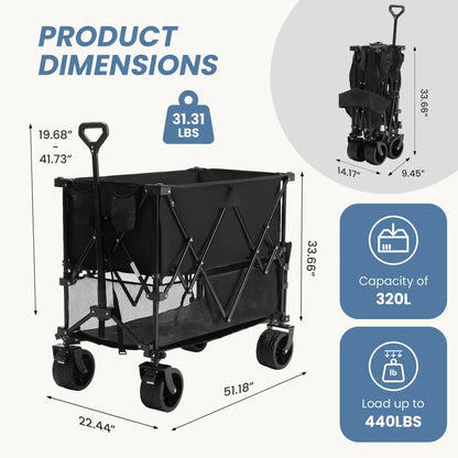 320L Heavy-Duty Collapsible Double-Decker Wagon with Brakes, 440 lb Capacity & All-Terrain Wheels